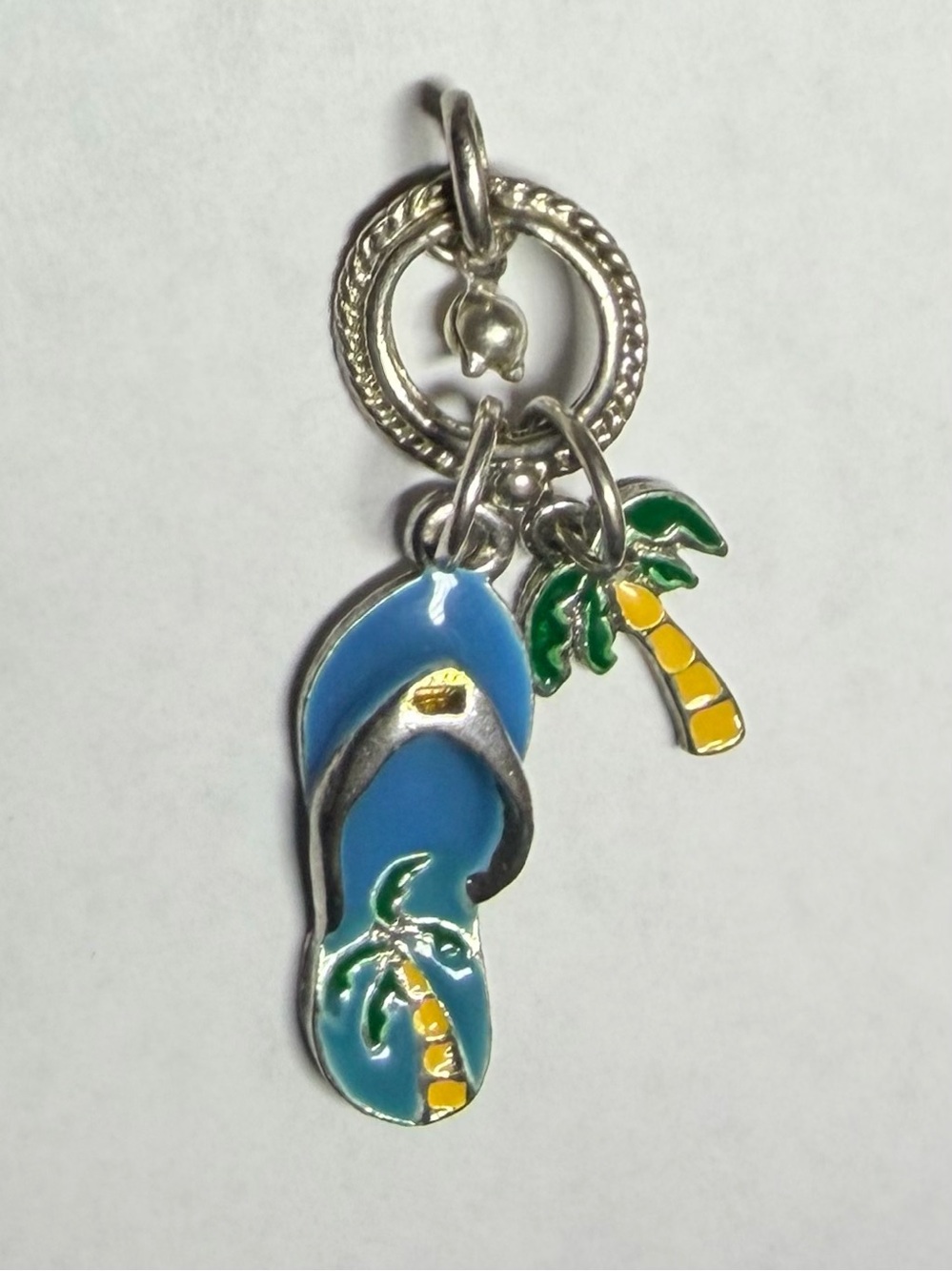 Blue Flip Flop & Palm Tree Enamel Silver-tone Charm Pendant